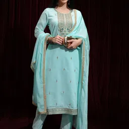 Vishudh Floral Embroidered Sequinned Round Neck Straight Kurta with Palazzos & Dupatta-10