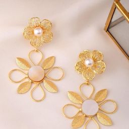 DressBerry Stainless Steel Gold Plated Pearls Beaded Floral Shaped Drop Earrings-12