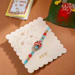 Sangria Artificial Stones and Beaded Om Thread Rakhi with Roli Chawal Chandan & Mishri-image-54
