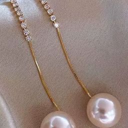 FIMBUL Gold-Plated Cubic Zirconia Studded And Pearls Beaded Spherical Shaped Drop Earrings-picture-5