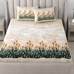 BED-SHEET.COM Beige & Green Floral Printed Cotton 180 TC King Bedsheet Set 2.28 m x 2.74 m-image-59