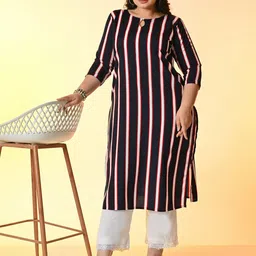 PrettyPlus by Desinoor.com Plus Size Striped Keyhole Neck Kurta-0