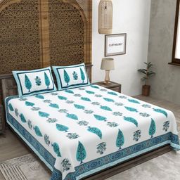 CLOTHOLOGY Blue & White Floral Printed 180TC Pure Cotton King Bedsheet Set 2.75 m x 2.25 m-image-102