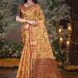 SANGAM PRINTS Floral Zari Tissue Tussar Saree-image-40