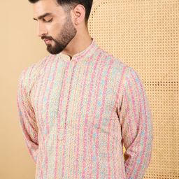 House of Pataudi Geometric Embroidered Mandarin Collar Thread Work Straight Kurta-picture-22