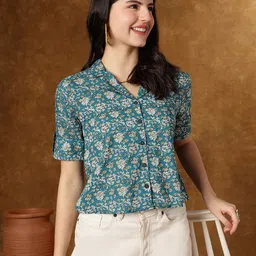 KALINI Floral Print Roll-Up Sleeves Cotton Shirt Style Crop Top-picture-34
