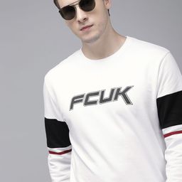 French Connection Men White Brand Logo Printed Sweatshirt with Striped Sleeves-picture-22