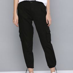 Mast & Harbour Women Black Pure Cotton Regular Fit Solid Cropped Cargos-picture-48