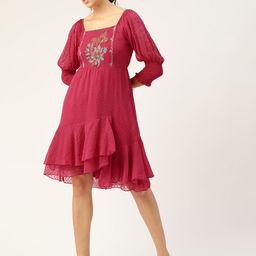 Antheaa Fuchsia Dobby Weave A-Line Dress-picture-31