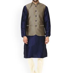 KISAH Men Navy Blue & Off-White Solid Kurta with Churidar and Waistcoat-picture-30