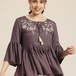 HERE&NOW Floral Embroidered Zari Tie-Up Neck Bell Sleeves Kurti-picture-21