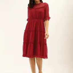 Antheaa Red Tiered Dress With Puff Sleeves-41