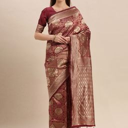 Mitera Maroon & Gold-Coloured Silk Blend Woven Design Kanjeevaram Saree-image-63