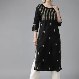 ADA Women Black & Beige Ethnic Motifs Embroidered Chikankari Kurta-picture-49