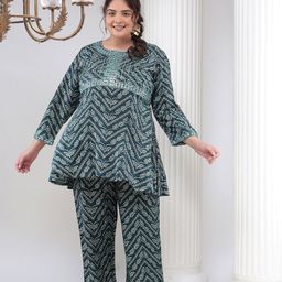 Bani Women Plus Size Ethnic Motifs Printed Mirror Work Kurti With Palazzos-19