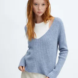 MANGO Plunge V-Neck Drop-Shoulder Sleeves Ribbed Pullover-picture-19