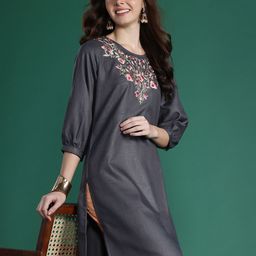 Sangria Solid Floral Yoke Design Thread Work Kurta with Palazzos-image-40