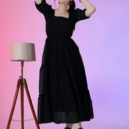 FemvyWomen Square Neck Tiered Puff Sleeves Fit & Flare Midi Dress-image-94