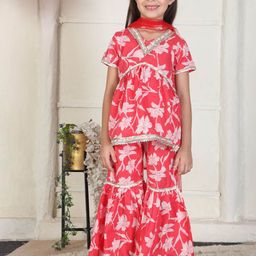 Cutiekins Girls Floral Embroidered A-Line Kurti with Sharara & Dupatta-picture-40