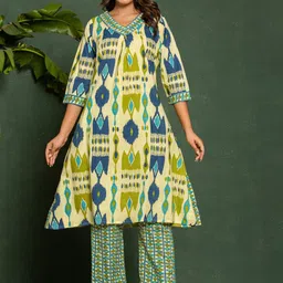 AUTUMN LANE Sasha Pastel Geometric Ikat Printed Pure Cotton A-Line Kurta With Trousers-11