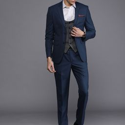 Louis Philippe Men Navy Blue Slim Fit Self Design Single-Breasted Wedding Suit-image-34