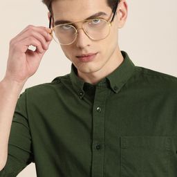 ether Men Olive Green Opaque Pure Cotton Casual Shirt-image-29