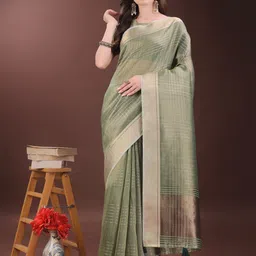 KALINI Checked Zari Woven Border Organza Saree-image-70