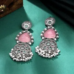 Yellow Chimes Silver-Plated Oxidised Stone Studded & Beaded Contemporary Drop Earrings-45