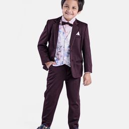 Babyhug Full Sleeves 5 Piece Stretch Fit Party Suit With Waist Coat & Bow - Maroon-image-35