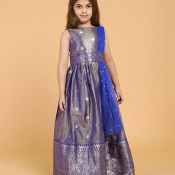 Piccolo Sleeveless Motif & Heavy Hem Floral Zari Detailing Pleated Dress With Attached Belt & Sequin Embellished Dupatta - Blue-image-65