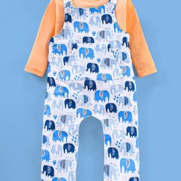 Babyhug Cotton Knit Elephant Print Dungaree with Full Sleeves Inner T-Shirt - Peach White-image-8