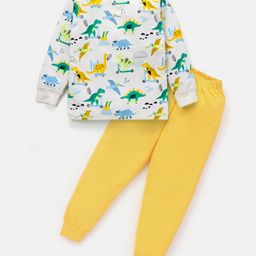 BLUSHES Full Sleeves Animal Theme Dinosaur Printed Night Suit - Off White & Yellow-image-29