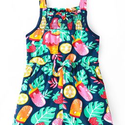 Babyhug Single Jersey Knit Sleeveless Jumpsuit with Ice Cream & Leaves Print Bow & Smocking Detailing - Navy Blue-image-33