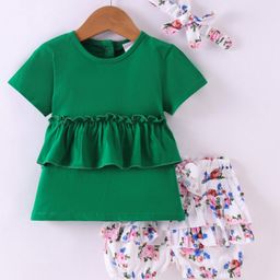 Kookie Kids Cotton Woven  Half Sleeves Top & Floral Print Shorts Sets with Headband Frill Detailing - Multicolour-image-26