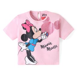 Babyhug Disney Cotton Knit Drop Shoulder Half Sleeves T-Shirt with Minnie Mouse Graphics and Glitter Print- Pink-image-99