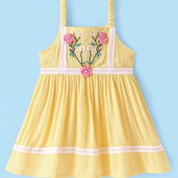 Babyhug Rayon Sleeveless Frock with Floral Embroidery and Lace Detailing - Yellow-image-62