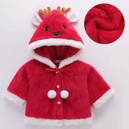 Kookie Kids Full Sleeves Hooded Fur Winter Jacket with Reindeer Applique - Red-image-53