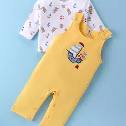 ToffyHouse Cotton Knit Dungaree With Full Sleeves Inner Tee With Embroidery Detailing - Yellow-picture-33