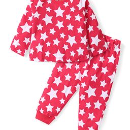 Babyhug Cotton Knit Full Sleeves Night Suit With Stars Print - Red-image-91