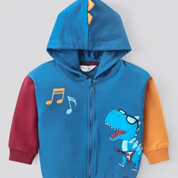 Bonfino 100% Cotton French Terry Knit Full Sleeves Colour Block Drop Shoulder Front Zipper Hooded Sweatjacket  with Dino Chest Print & Applique - Blue-picture-40