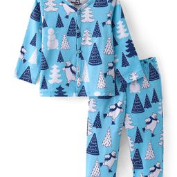 Doodle Poodle 100% Cotton Full Sleeves Front Open Night Suit With Snowman Print - Blue-image-81