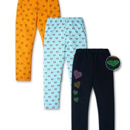 Nino Togs Pack Of 3 Cotton Lycra Bow & Heart Printed Full Length Stretchable Leggings - Multi Colour-image-87
