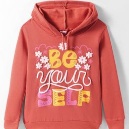 Tango Fleece Knit Full Sleeves Hooded Sweatshirt with Text Print - Rust Orange-image-5