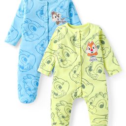 Babyhug Disney Interlock Knit Full Sleeves Footed Sleepsuits With Chip N Dale Print Pack Of 2 - Light Blue Green-image-65