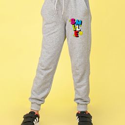 NUSYL Cotton Blend Full Length Smile Text Printed Joggers - Grey-image-87