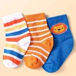 Cute Walk by Babyhug Knit Ankle Length Antibacterial Socks with Lion Floral Design & Stripes Pack of 3 - Blue White & Orange-image-14
