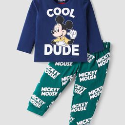 Babyhug Disney Single Jersey Knit Full Sleeves Night Suit with Mickey Mouse Graphics - Navy Blue & Green-image-97
