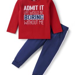 Doodle Poodle 100% Cotton Knit Full Sleeves T-Shirt & Joggers Set With Life Would Be Boring Without Me Text Print - Red & Blue-picture-33
