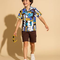 OLLINGTON ST. Cotton Abstract Printed Half Sleeves Shirt & Knit Shorts Set - Multicolor & Brown-image-22
