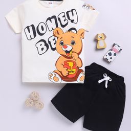 Little Ninja Cotton Half Sleeves Bear Printed Tee & Shorts Set - Multi Colour-image-12